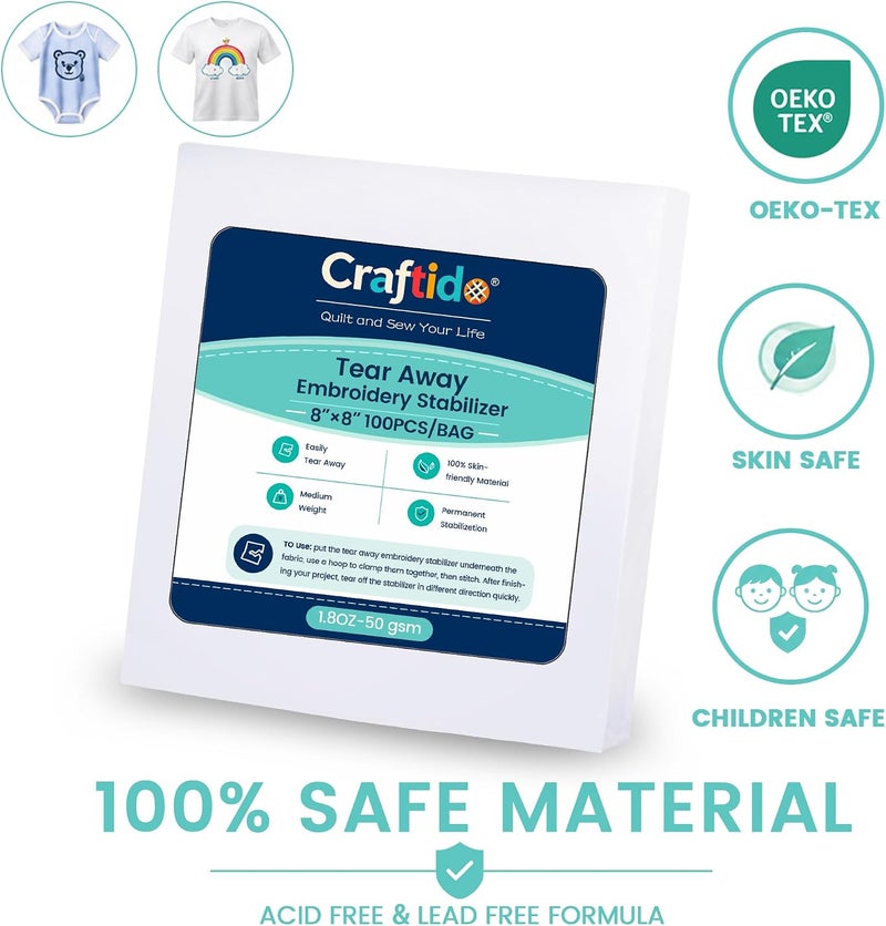 craftido كرافتيدو مثبت تطريز قابل للتمزيق 8 بوصة × 8 بوصة 100 ورقة لطارات 4x4 و 6x6 1.8 أونصة وزن متوسط للتطريز الآلي والخياطة اليدوية - Image 3