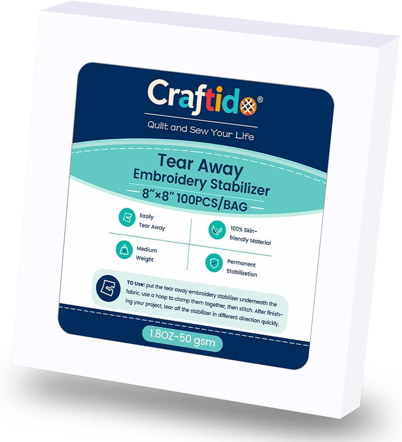 craftido كرافتيدو مثبت تطريز قابل للتمزيق 8 بوصة × 8 بوصة 100 ورقة لطارات 4x4 و 6x6 1.8 أونصة وزن متوسط للتطريز الآلي والخياطة اليدوية - Image 1