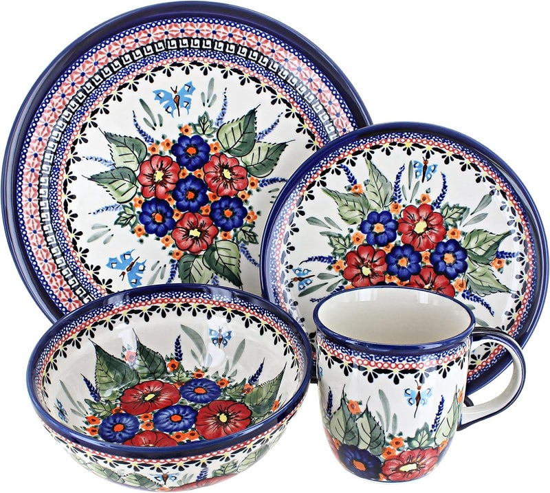 Blue Rose Pottery Blue Rose Polish Pottery Floral Butterfly 4 Piece Place Setting  Service for 1 - Image 1