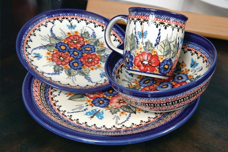 Blue Rose Pottery Blue Rose Polish Pottery Floral Butterfly 4 Piece Place Setting  Service for 1 - Image 2