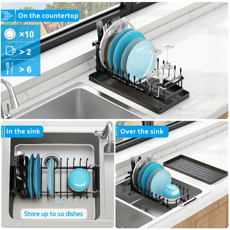 ANTOPY Sink Dish Drying Rack - Expandable Small Dish Rack Over Sinks with Silicone Drying Tray, Dish Drainer for Kitchen Counter with Cutlery Holder, Drying Rack Fit for 14â€™â€™-19â€™â€™ Kitchen Sink - Image 2
