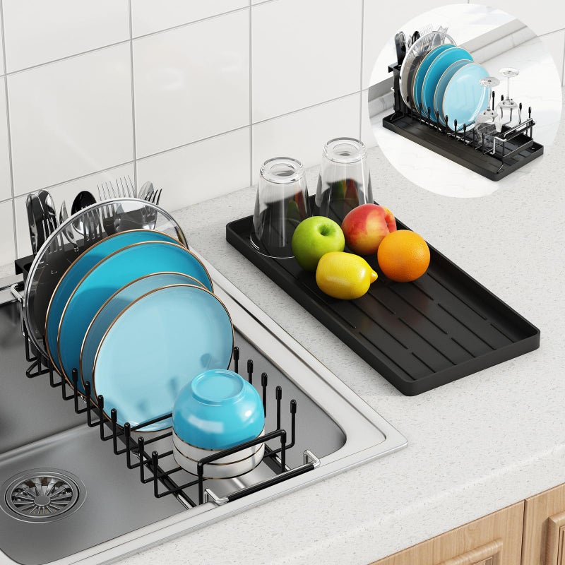 ANTOPY Sink Dish Drying Rack - Expandable Small Dish Rack Over Sinks with Silicone Drying Tray, Dish Drainer for Kitchen Counter with Cutlery Holder, Drying Rack Fit for 14â€™â€™-19â€™â€™ Kitchen Sink - Image 1
