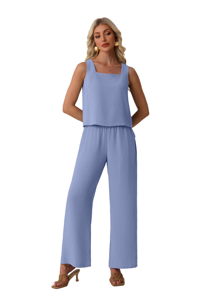Lepunuo Summer 2 Piece Sets for Women Wide Leg Pants Matching Lounge Set Sleeveless Crop Top Teacher Travel Vacation Outfits - Image 3