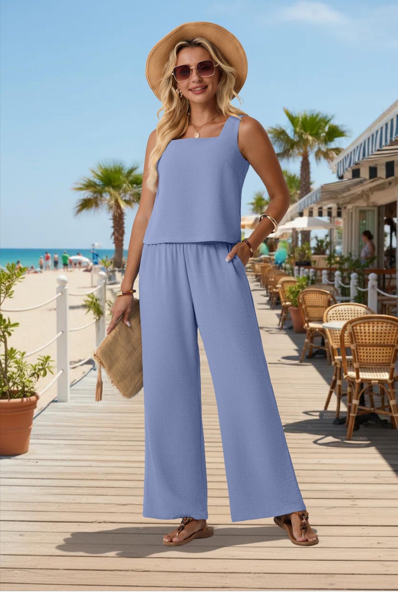Lepunuo Summer 2 Piece Sets for Women Wide Leg Pants Matching Lounge Set Sleeveless Crop Top Teacher Travel Vacation Outfits - Image 1