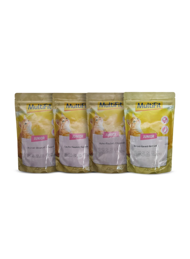 MultiFit Junior Cat Food Pouches, Bundle Pack, Chicken, Beef, Herring and Salmon Flavours, 4-Pack