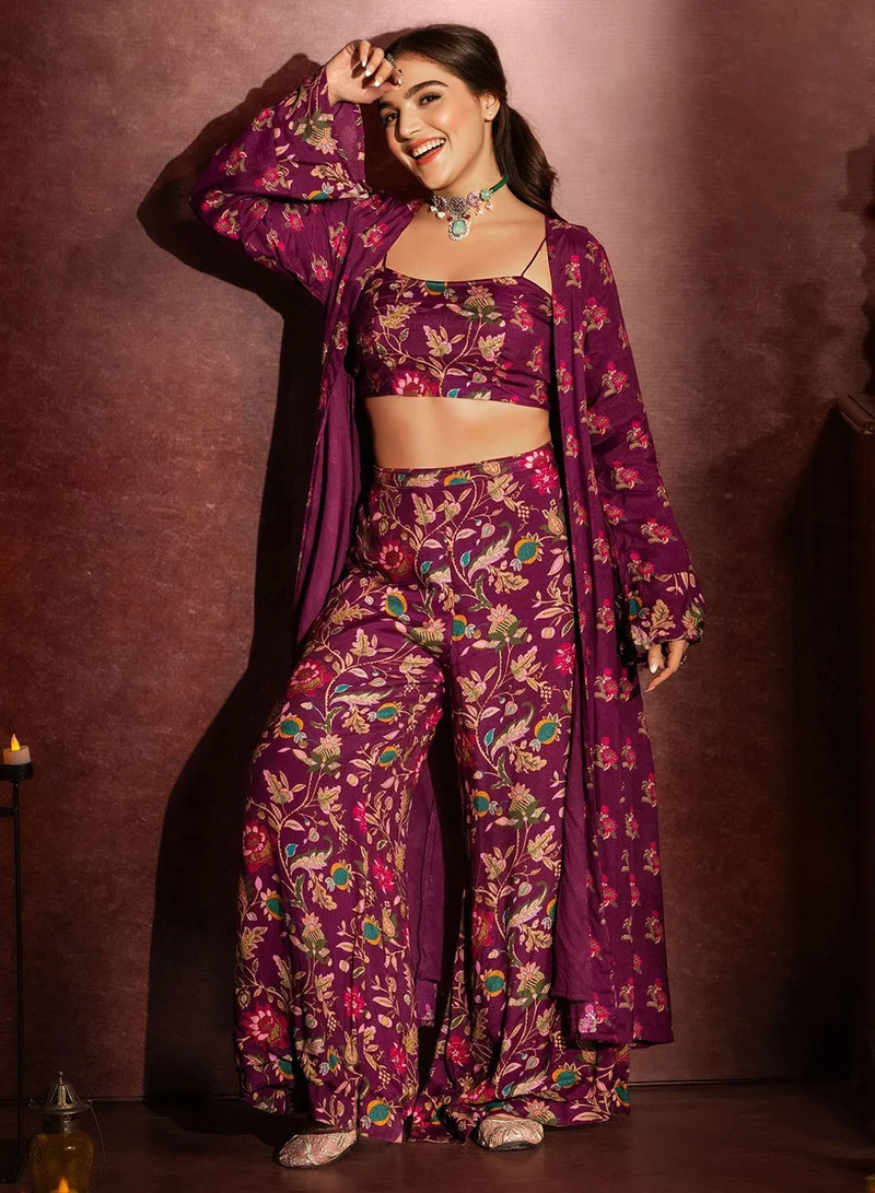 آي شين طقم نسائي بنفسجي رايون مزخرف بالخصر العالي بقصة مستقيمة بالكامل