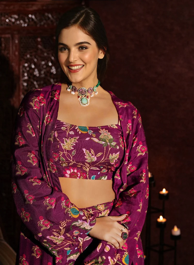 آي شين طقم نسائي بنفسجي رايون مزخرف بالخصر العالي بقصة مستقيمة بالكامل