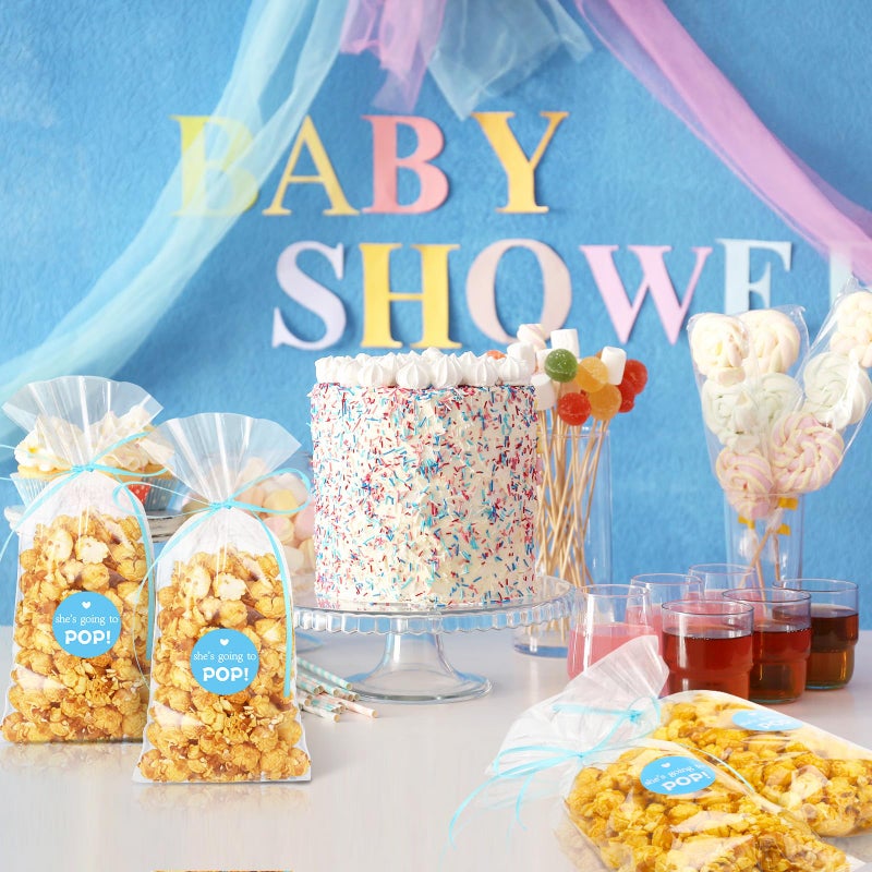 Menkxi 100 Pack Clear Popcorn Bags Bulk 4.92 x 10.83 Inch Cellophane Treat Plastic Party Favors Bags with She Is Going to Pop Label and Ribbon for Gift Wrapping, Food Storage, Baby Shower Decor(Blue) - Image 4