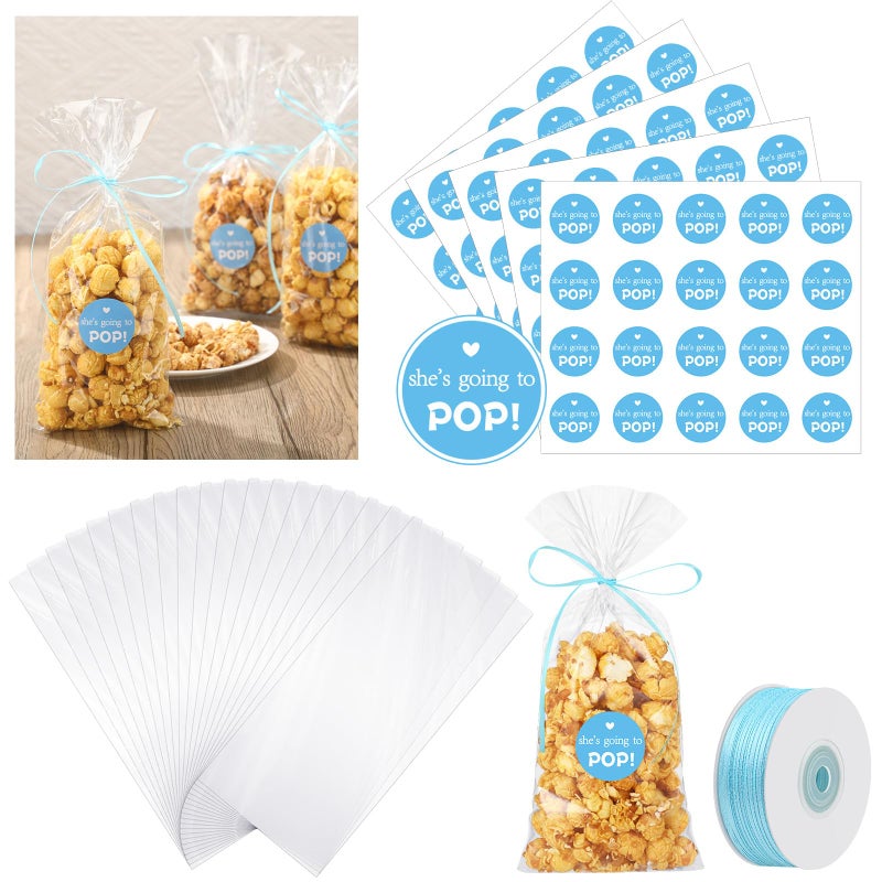 Menkxi 100 Pack Clear Popcorn Bags Bulk 4.92 x 10.83 Inch Cellophane Treat Plastic Party Favors Bags with She Is Going to Pop Label and Ribbon for Gift Wrapping, Food Storage, Baby Shower Decor(Blue) - Image 1