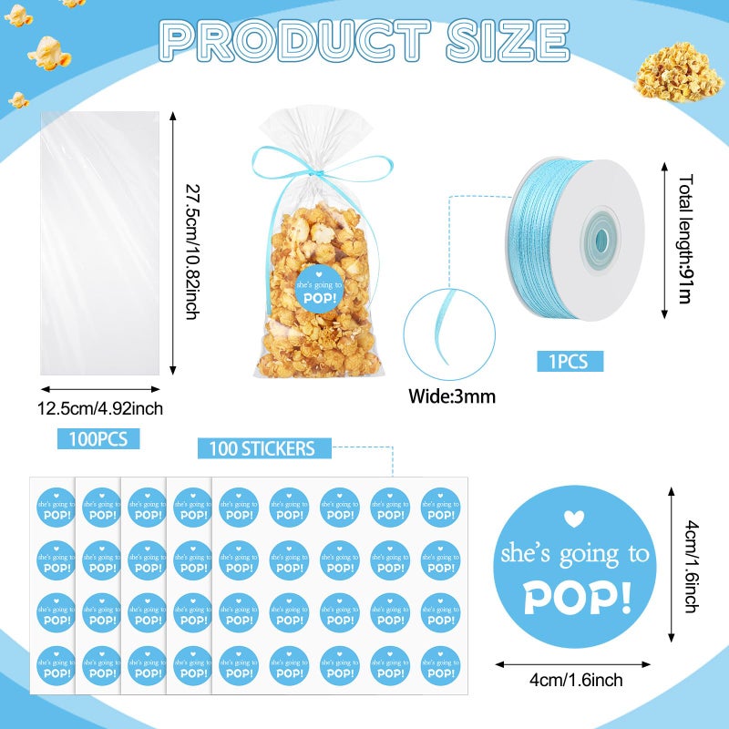 Menkxi 100 Pack Clear Popcorn Bags Bulk 4.92 x 10.83 Inch Cellophane Treat Plastic Party Favors Bags with She Is Going to Pop Label and Ribbon for Gift Wrapping, Food Storage, Baby Shower Decor(Blue) - Image 2