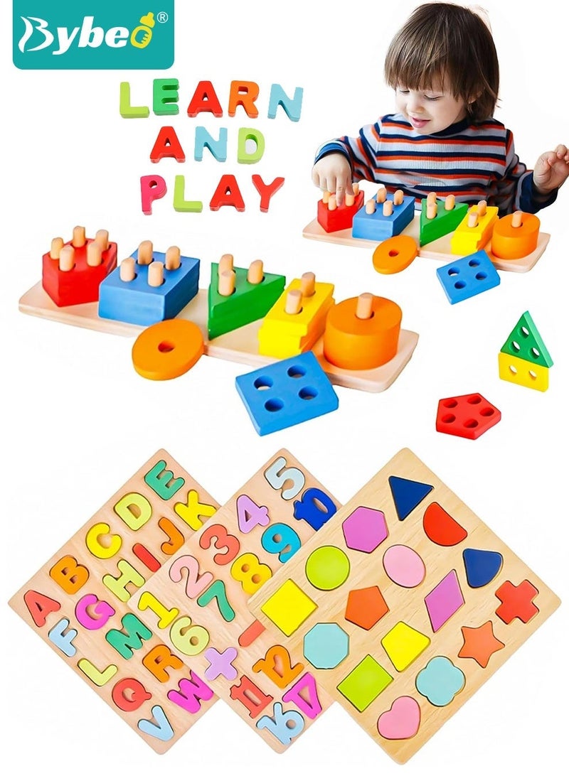بيبو مجموعة من 4 ألعاب مونتيسوري للأطفال الصغار، ألعاب ألغاز خشبية للأطفال، ألعاب الفرز والترتيب، ألغاز الحروف والأعداد والأشكال، لعبة التعرف على الألوان وفرز الأشكال للأولاد والبنات من عمر 1 إلى 4 سنوات - Image 1