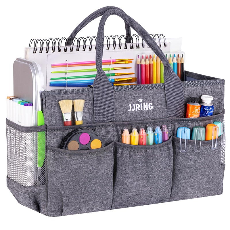 JJRING Large Art Supply Storage Tote Bag With 2 Mesh Side Pockets Front Elastic Pockets Sturdy Craft Organizer Caddy with Reinforced Bottom For Sewing Scrapbooking Teachers ArtistsGrey - Image 2