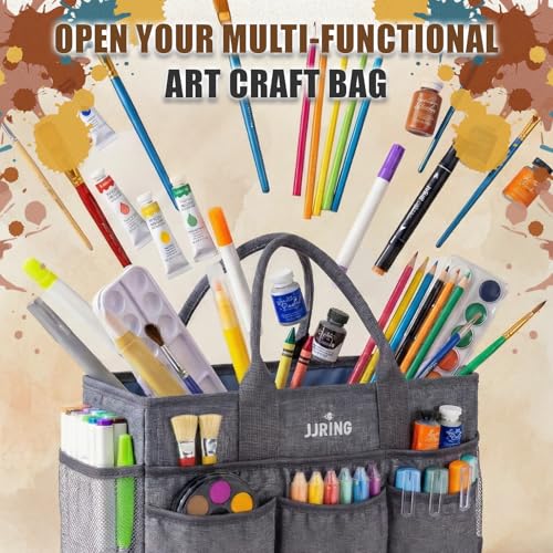 JJRING Large Art Supply Storage Tote Bag With 2 Mesh Side Pockets Front Elastic Pockets Sturdy Craft Organizer Caddy with Reinforced Bottom For Sewing Scrapbooking Teachers ArtistsGrey - Image 3