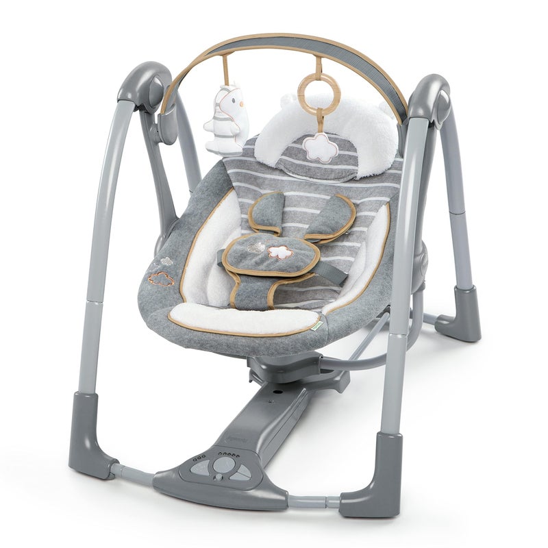 Ingenuity Swing n Go Deluxe 5Speed Baby Swing with Cushioned Harness Foldable Portable 2 Plush Toys Sounds 09 Months 620 lbs Bella Teddy