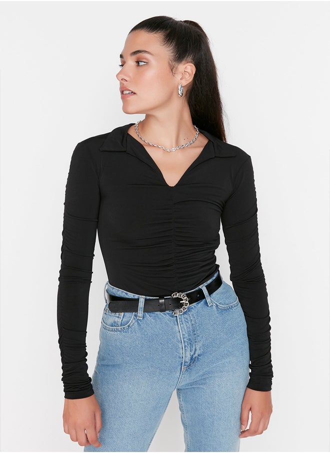 trendyol - Black Slim Pleated Polo Neck Stretchy Knitted Blouse TWOAW23BZ00249 - Image 1