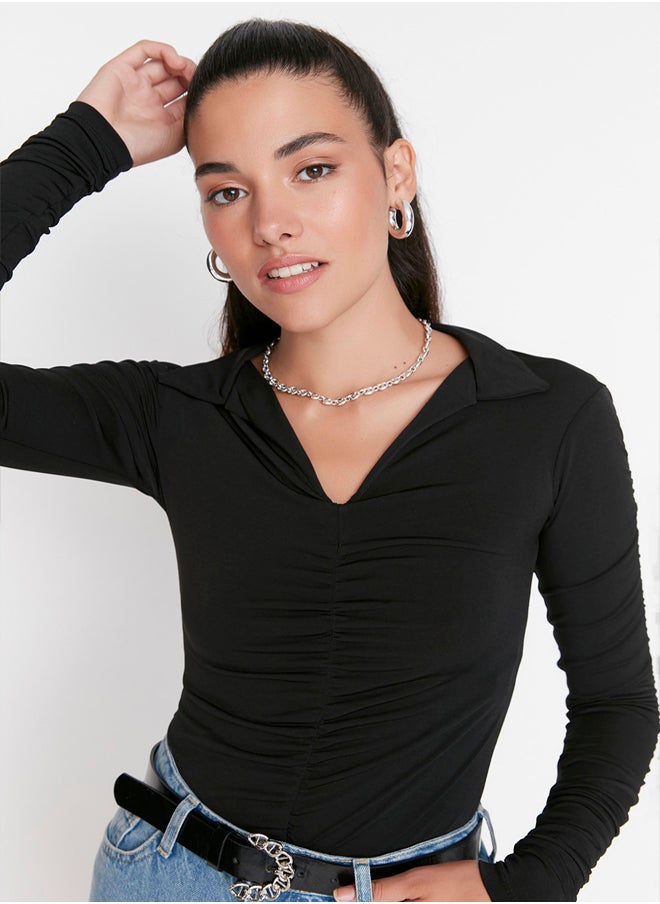 trendyol - Black Slim Pleated Polo Neck Stretchy Knitted Blouse TWOAW23BZ00249 - Image 1