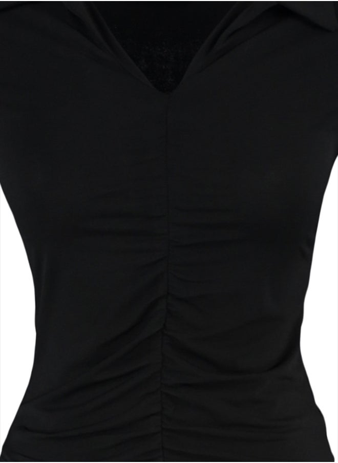 trendyol - Black Slim Pleated Polo Neck Stretchy Knitted Blouse TWOAW23BZ00249 - Image 1