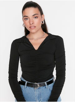 trendyol Black Slim Pleated Polo Neck Stretchy Knitted Blouse TWOAW23BZ00249  - Image 3