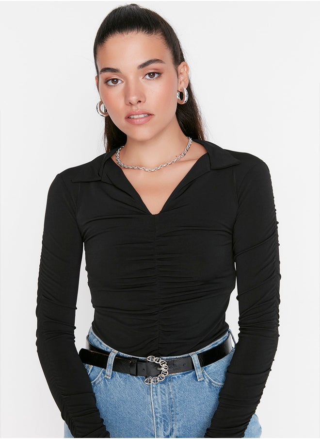 trendyol - Black Slim Pleated Polo Neck Stretchy Knitted Blouse TWOAW23BZ00249 - Image 1
