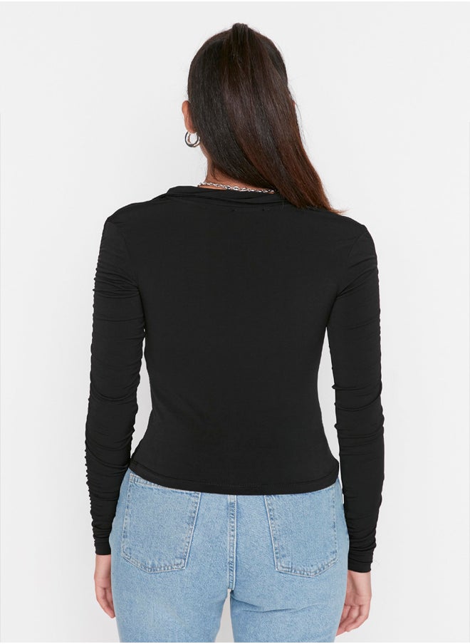 trendyol - Black Slim Pleated Polo Neck Stretchy Knitted Blouse TWOAW23BZ00249 - Image 1