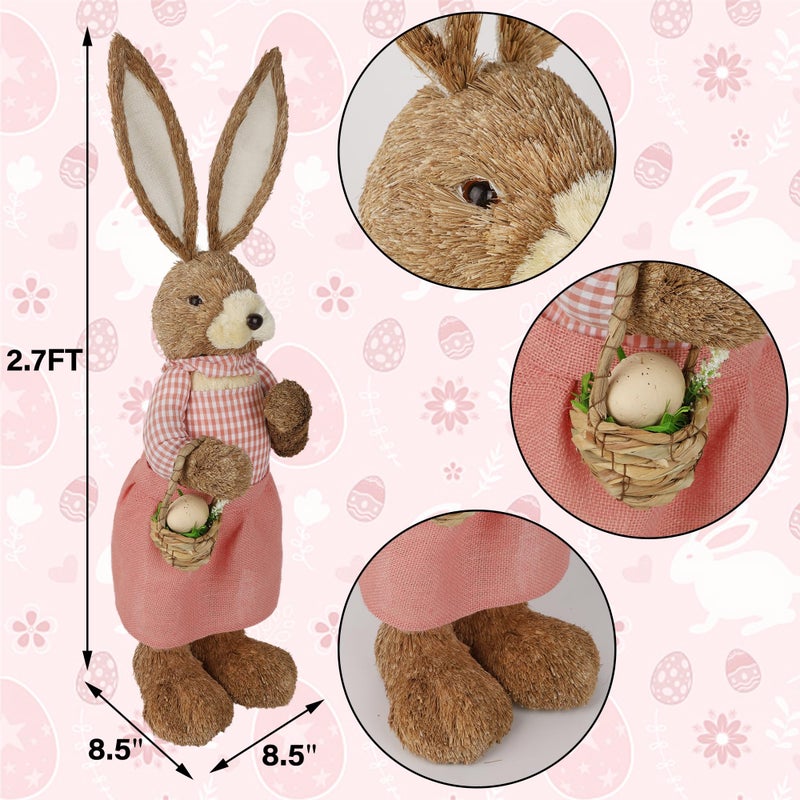 DR.DUDU 2.7FT Large Easter Bunny Decor â€“ Outdoor Easter Decorations for Porch & Home, Straw Standing Rabbit Statue with Basket Eggs, Farmhouse Spring Decor, Entryways Photo Props (Girl) - Image 3
