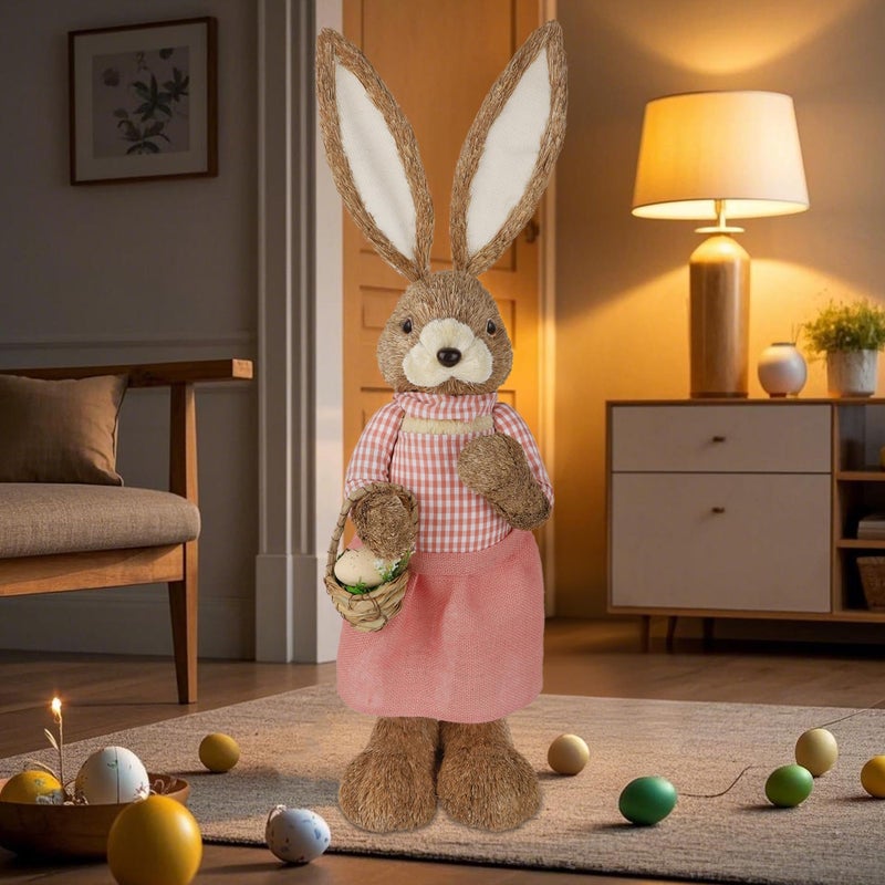 DR.DUDU 2.7FT Large Easter Bunny Decor â€“ Outdoor Easter Decorations for Porch & Home, Straw Standing Rabbit Statue with Basket Eggs, Farmhouse Spring Decor, Entryways Photo Props (Girl) - Image 4