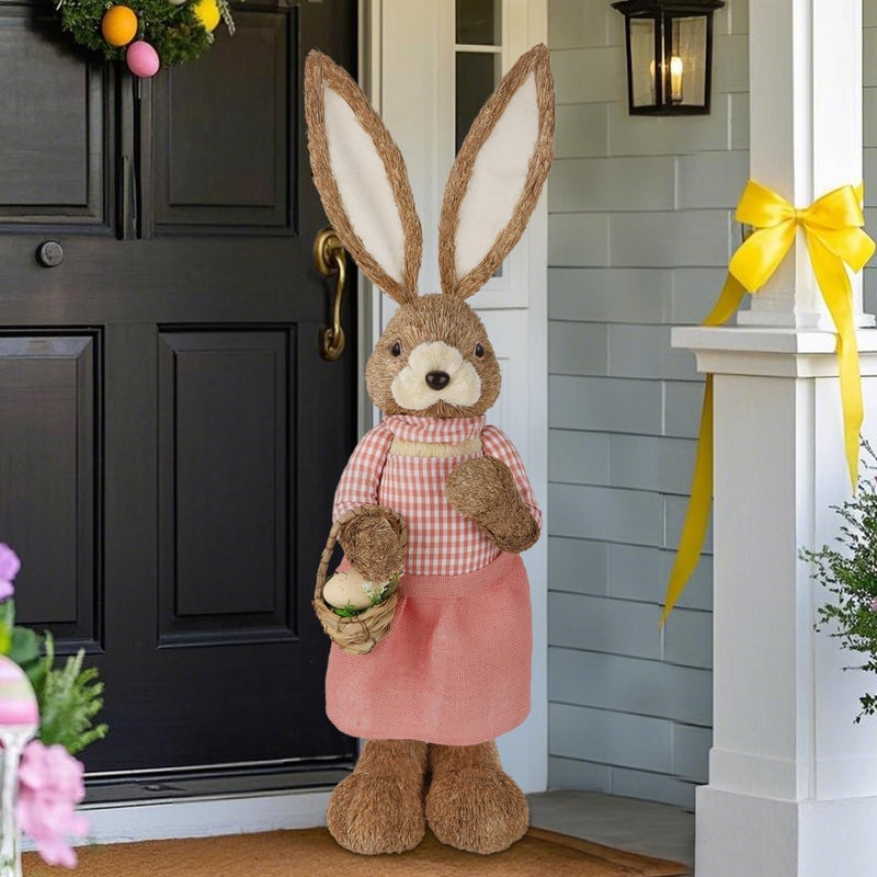 DR.DUDU 2.7FT Large Easter Bunny Decor â€“ Outdoor Easter Decorations for Porch & Home, Straw Standing Rabbit Statue with Basket Eggs, Farmhouse Spring Decor, Entryways Photo Props (Girl) - Image 1