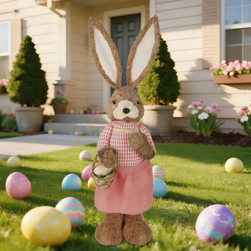 DR.DUDU 2.7FT Large Easter Bunny Decor â€“ Outdoor Easter Decorations for Porch & Home, Straw Standing Rabbit Statue with Basket Eggs, Farmhouse Spring Decor, Entryways Photo Props (Girl) - Image 2