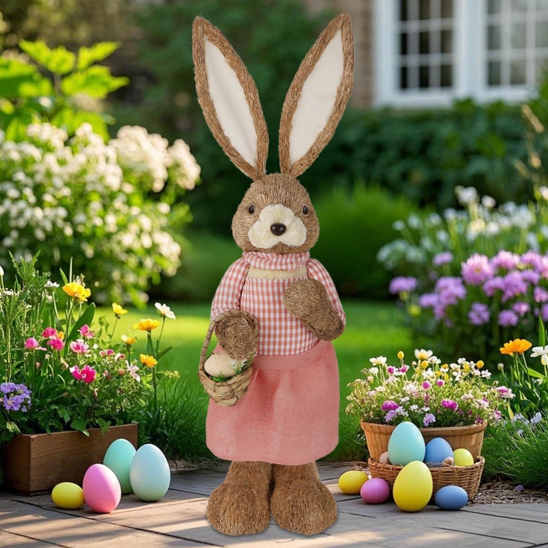 DR.DUDU 2.7FT Large Easter Bunny Decor â€“ Outdoor Easter Decorations for Porch & Home, Straw Standing Rabbit Statue with Basket Eggs, Farmhouse Spring Decor, Entryways Photo Props (Girl) - Image 5