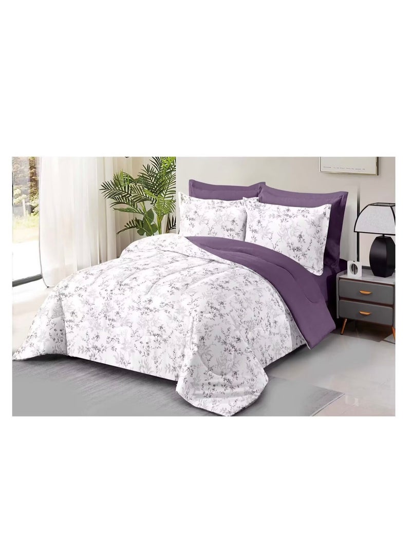 طقم مفروشات فاخر من MS MART مكون من 6 قطع بحجم كينج - طقم مفروشات بتصميم أوراق نباتية بنمط تويل بسيط (لحاف، شرشف سرير و4 أغطية وسائد)