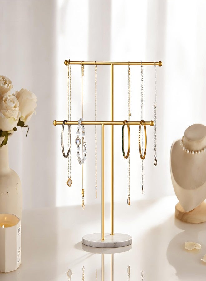 pickpiff Necklace Holder Stand: 2 Tier Jewelry Organizer with Marble Base, Gold Jewelry Tree Display for Bracelets, Rings, Earrings - Image 2