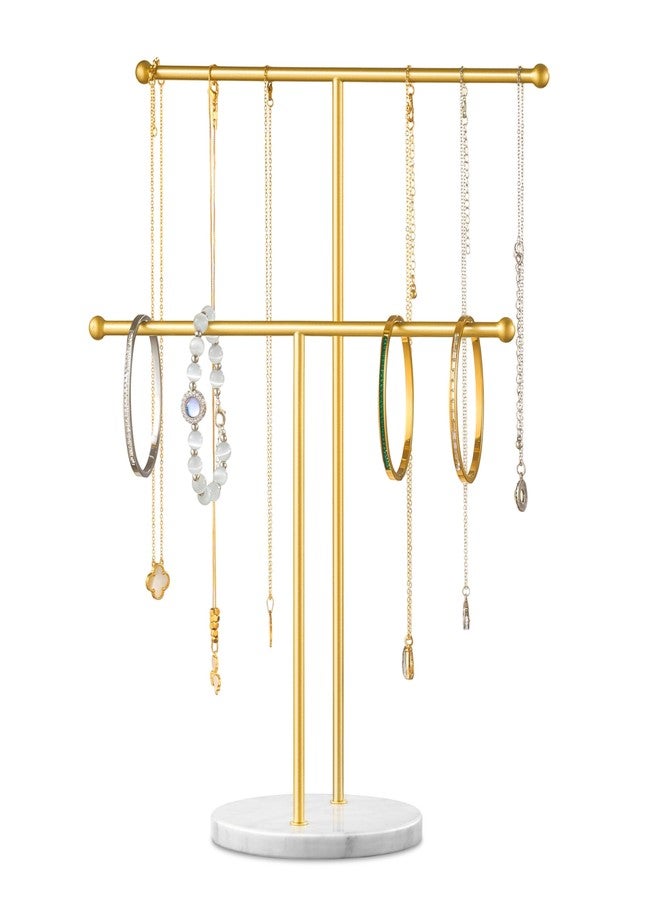 pickpiff Necklace Holder Stand: 2 Tier Jewelry Organizer with Marble Base, Gold Jewelry Tree Display for Bracelets, Rings, Earrings - Image 1