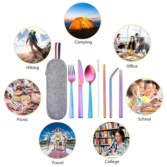 valashiv Portable Utensils Travel Camping Cutlery Set 8Piece Including Knife Fork Spoon Chopsticks Cleaning Brush Straws Portable Case Stainless Steel Flatware Set - Image 2