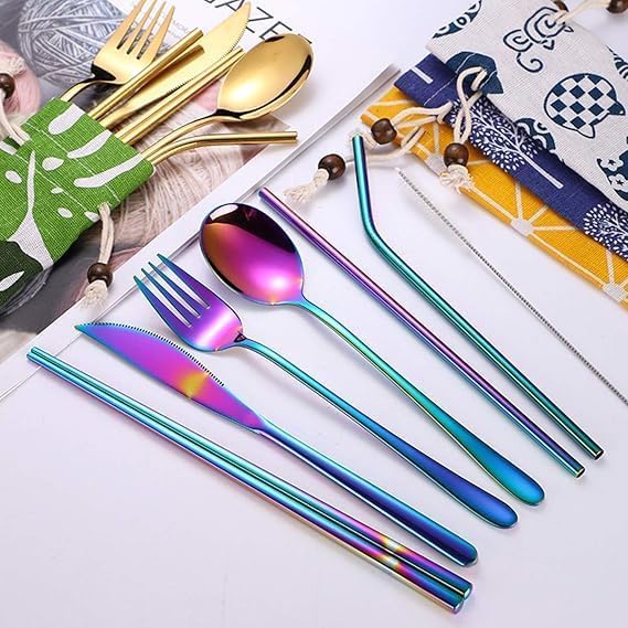 valashiv Portable Utensils Travel Camping Cutlery Set 8Piece Including Knife Fork Spoon Chopsticks Cleaning Brush Straws Portable Case Stainless Steel Flatware Set - Image 4