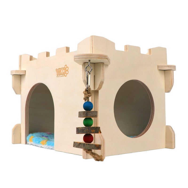 YKD Castle Chinchilla House, Small Animal Hideout for Chinchilla, Guinea Pig, Hedgehog, or Rat, Ventilated Wooden Guinea Pig Hut Habitat with Multiple Doors (Medium) - Image 3