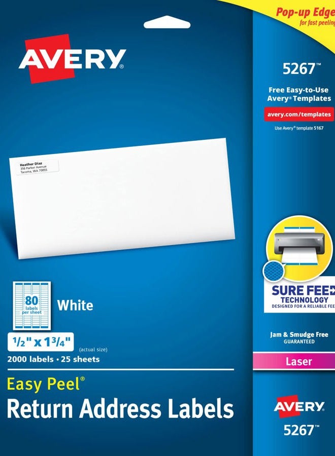 Avery Printable Return Address Labels with Sure Feed, 0.5" x 1.75", White, 2,000 Blank Mailing Labels (05267) - Image 1