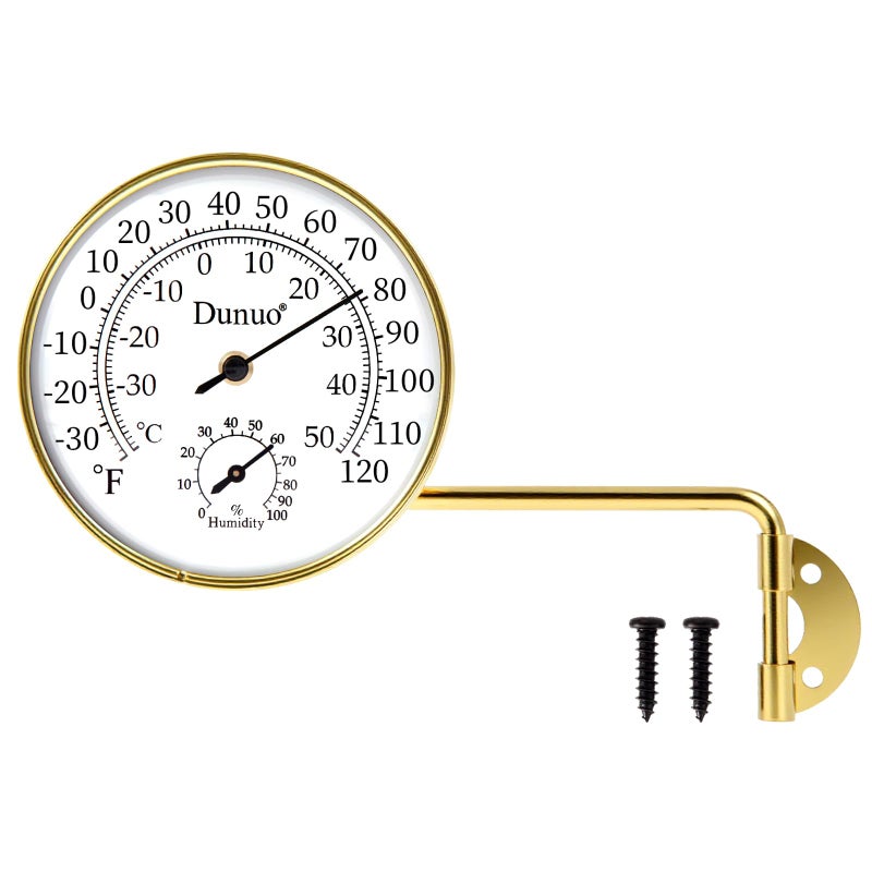 Dunuo Outdoor Thermometer - Weatherproof & Decorative Outside Temperature Gauge for Window, Greenhouse Accessories and Patio (Easy-Read Brass Swivel Design) (4inch Gloden case+ White dial) - Image 1