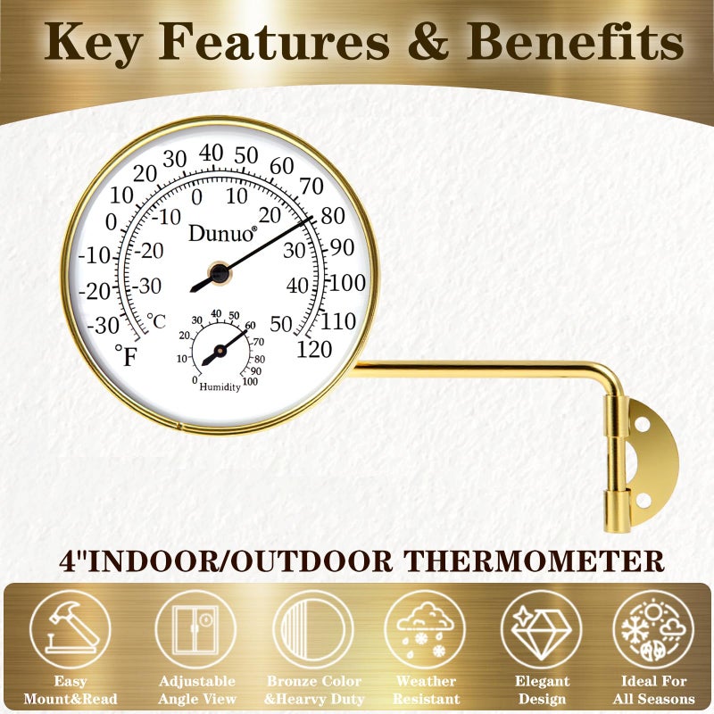 Dunuo Outdoor Thermometer - Weatherproof & Decorative Outside Temperature Gauge for Window, Greenhouse Accessories and Patio (Easy-Read Brass Swivel Design) (4inch Gloden case+ White dial) - Image 3