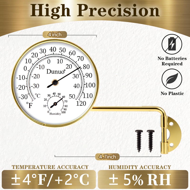 Dunuo Outdoor Thermometer - Weatherproof & Decorative Outside Temperature Gauge for Window, Greenhouse Accessories and Patio (Easy-Read Brass Swivel Design) (4inch Gloden case+ White dial) - Image 2