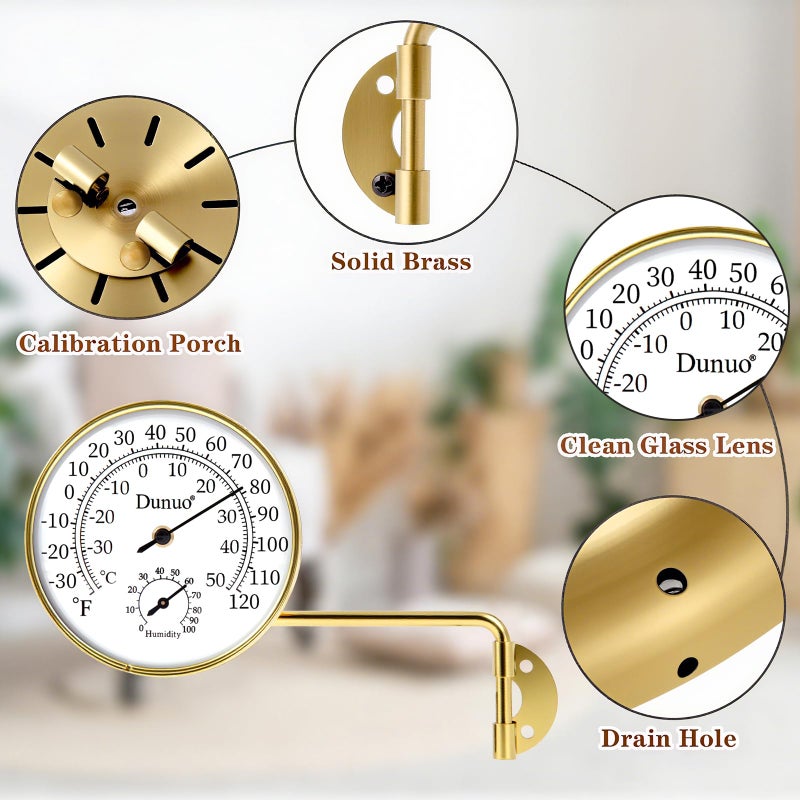 Dunuo Outdoor Thermometer - Weatherproof & Decorative Outside Temperature Gauge for Window, Greenhouse Accessories and Patio (Easy-Read Brass Swivel Design) (4inch Gloden case+ White dial) - Image 4