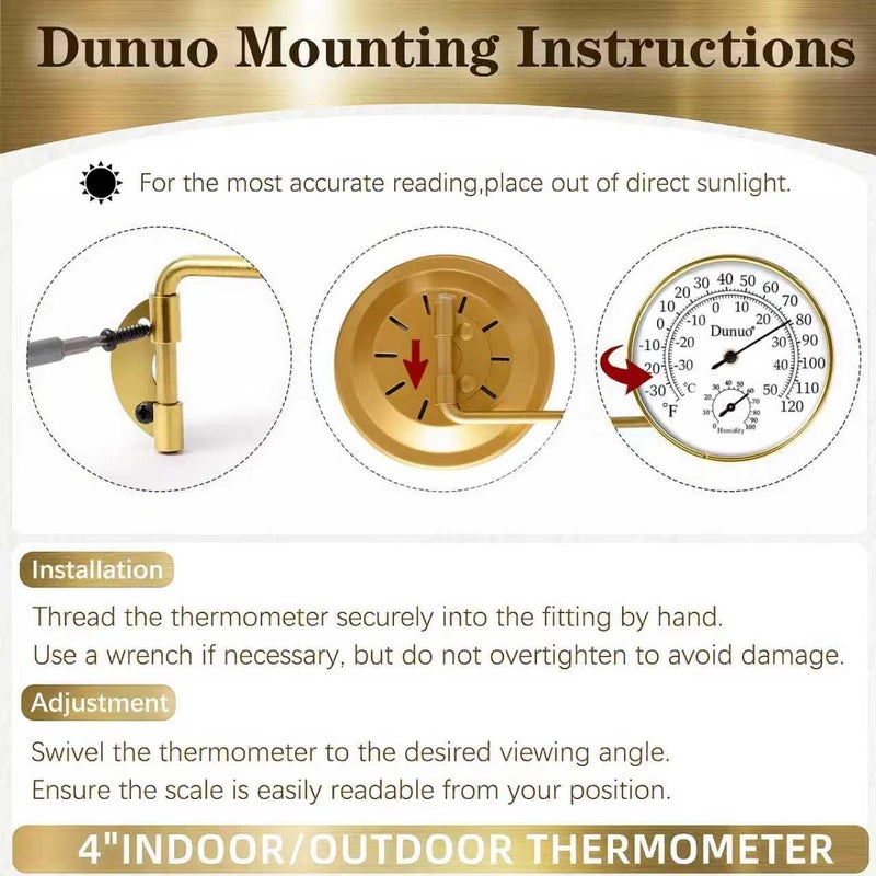 Dunuo Outdoor Thermometer - Weatherproof & Decorative Outside Temperature Gauge for Window, Greenhouse Accessories and Patio (Easy-Read Brass Swivel Design) (4inch Gloden case+ White dial) - Image 5