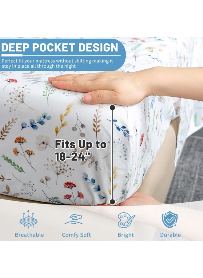 Bedlifes Queen Size Extra Deep Pocket Sheet Sets - Fits Mattresses Up to 18-24" Thick, 4-Piece Microfiber Set with 1800 Thread Count, Soft, Smooth, Breathable, Featuring White Floral - Image 2