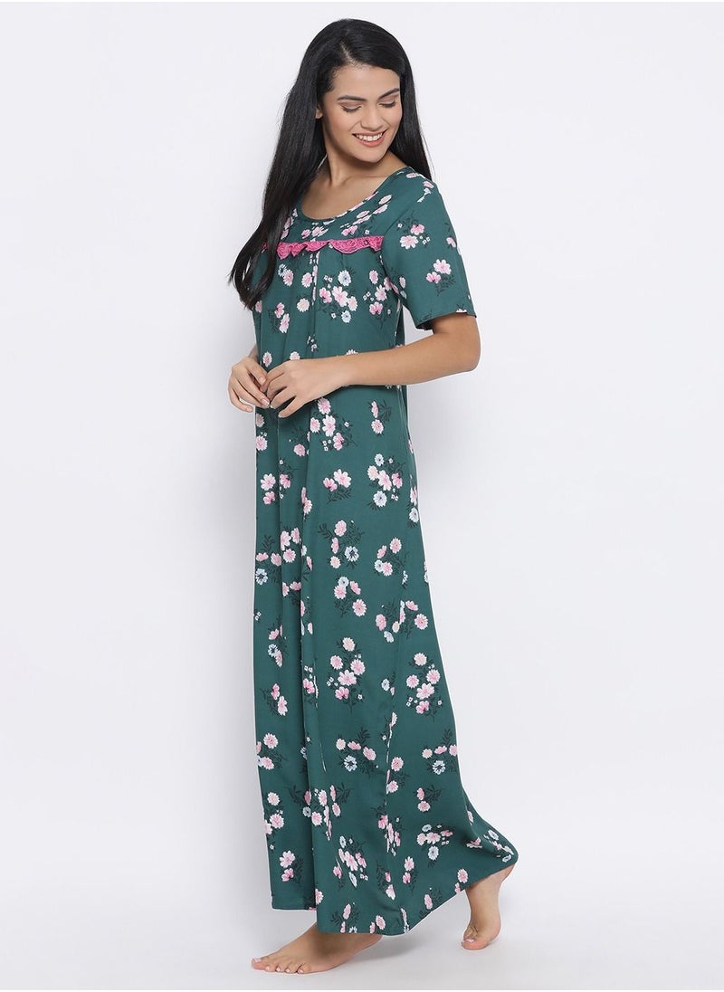 Clovia - Clovia Floral Print Long Nighty in Dark Green - Cotton - Image 1