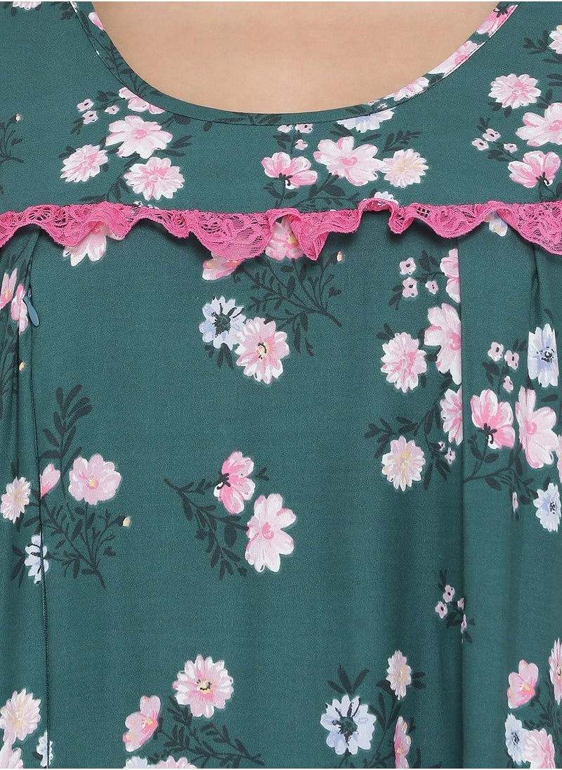 Clovia - Clovia Floral Print Long Nighty in Dark Green - Cotton - Image 1