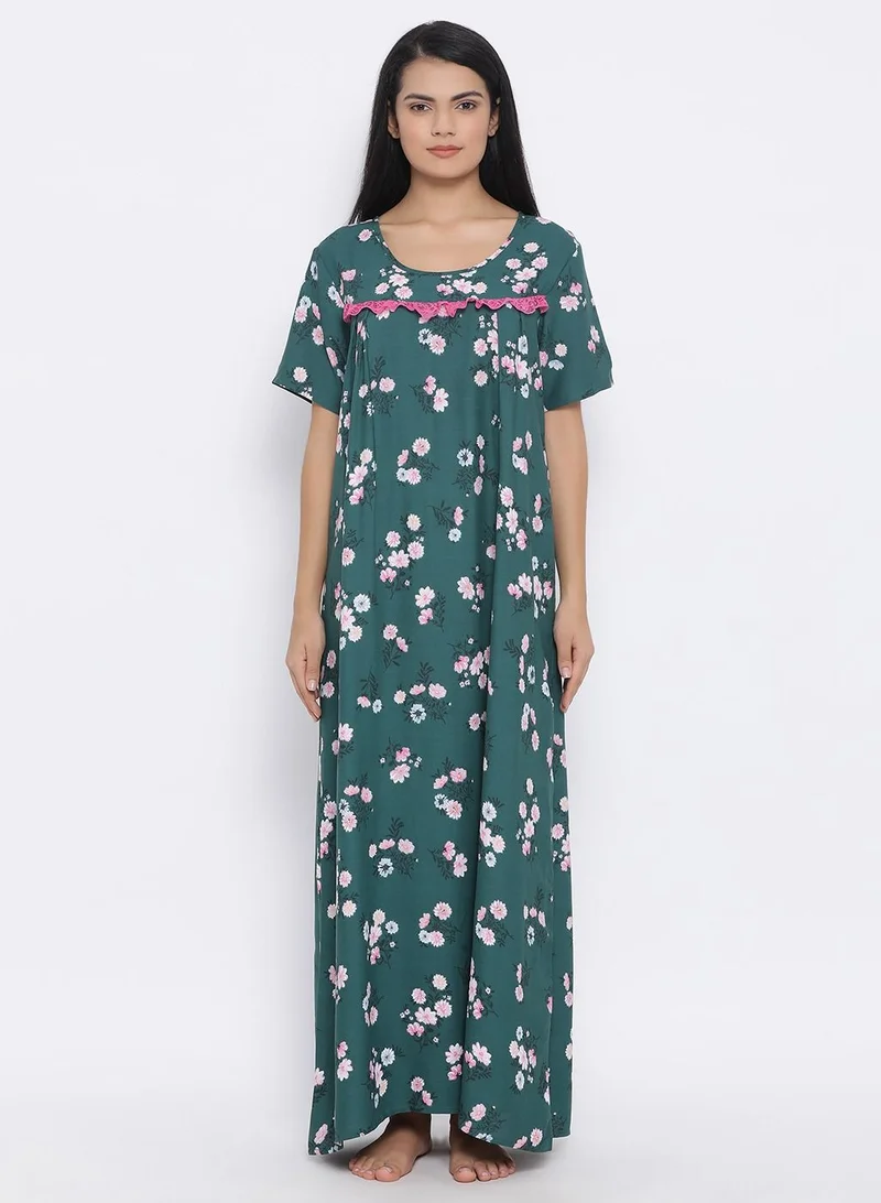 كلوفيا Clovia Floral Print Long Nighty in Dark Green - Cotton