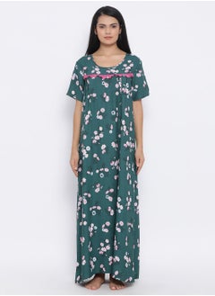 Clovia Floral Print Long Nighty in Dark Green - Cotton