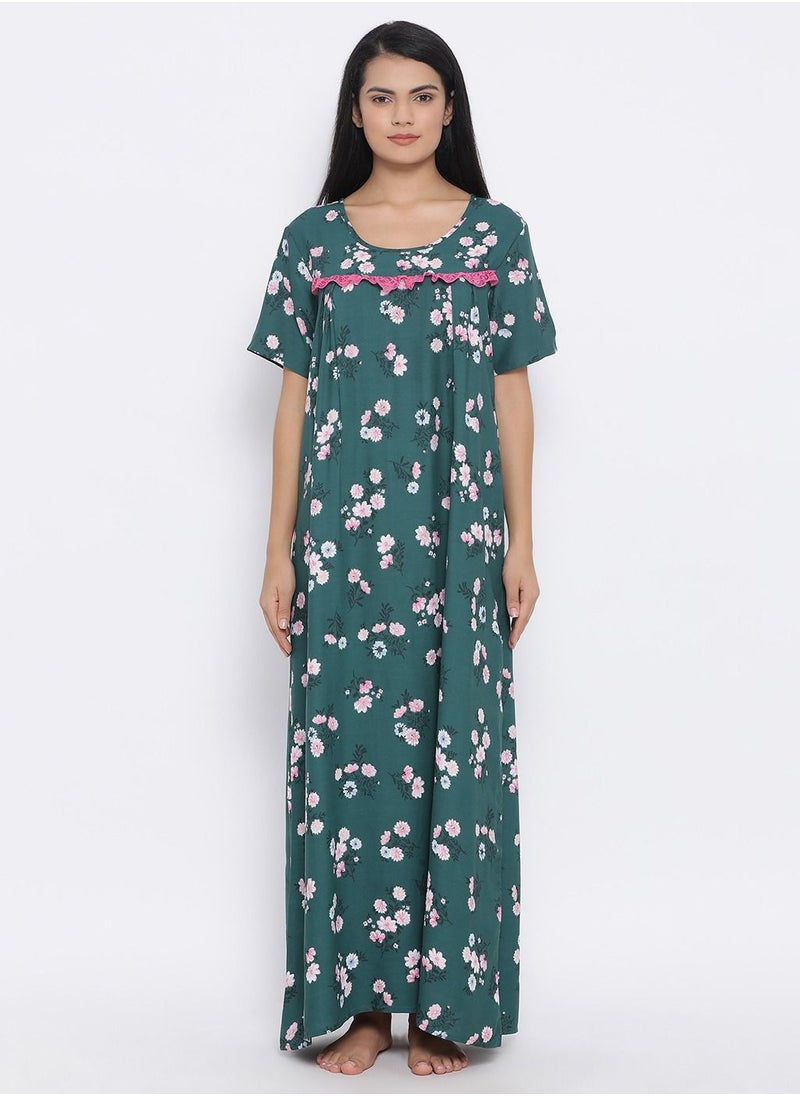 Clovia - Clovia Floral Print Long Nighty in Dark Green - Cotton - Image 1