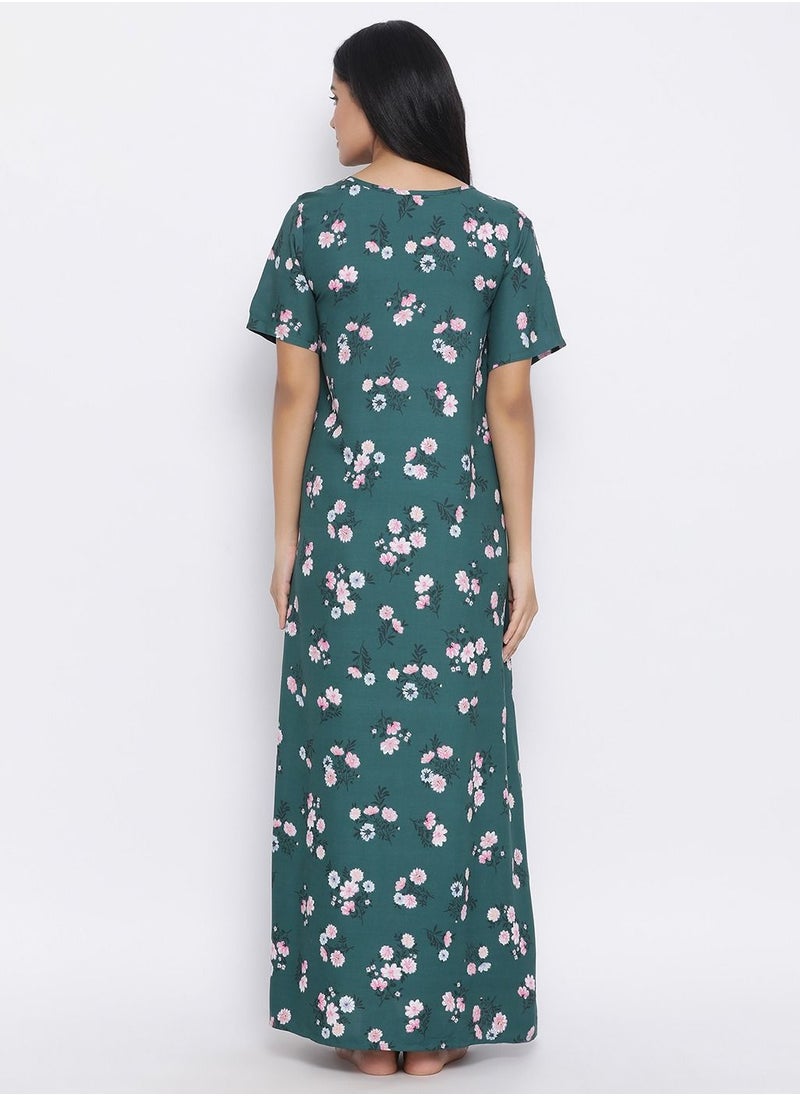 Clovia - Clovia Floral Print Long Nighty in Dark Green - Cotton - Image 1