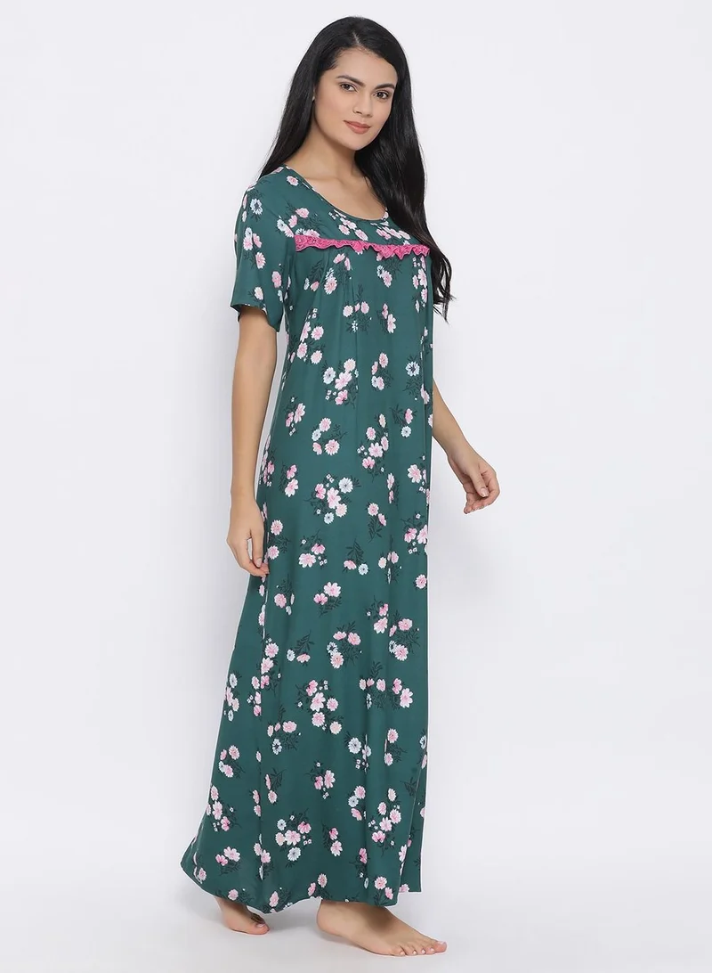 كلوفيا Clovia Floral Print Long Nighty in Dark Green - Cotton