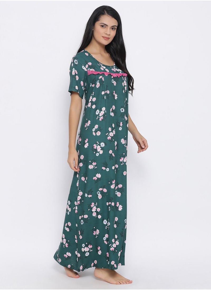 Clovia - Clovia Floral Print Long Nighty in Dark Green - Cotton - Image 1